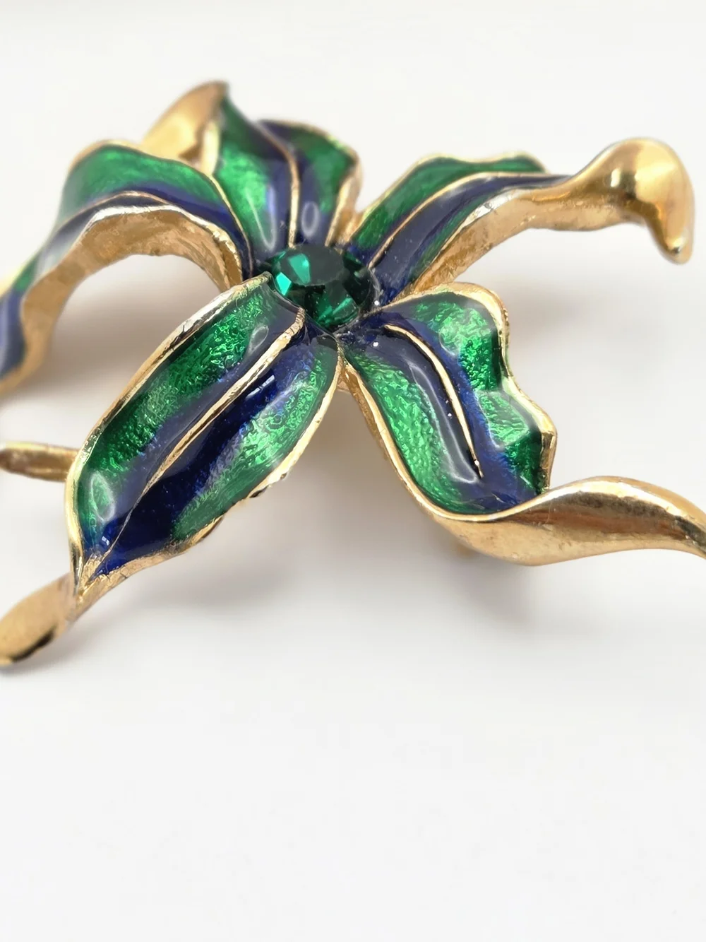 Vintage 3D Enamel Orchid Flower Brooch Blue Green Rhinestone Dimensional Pin